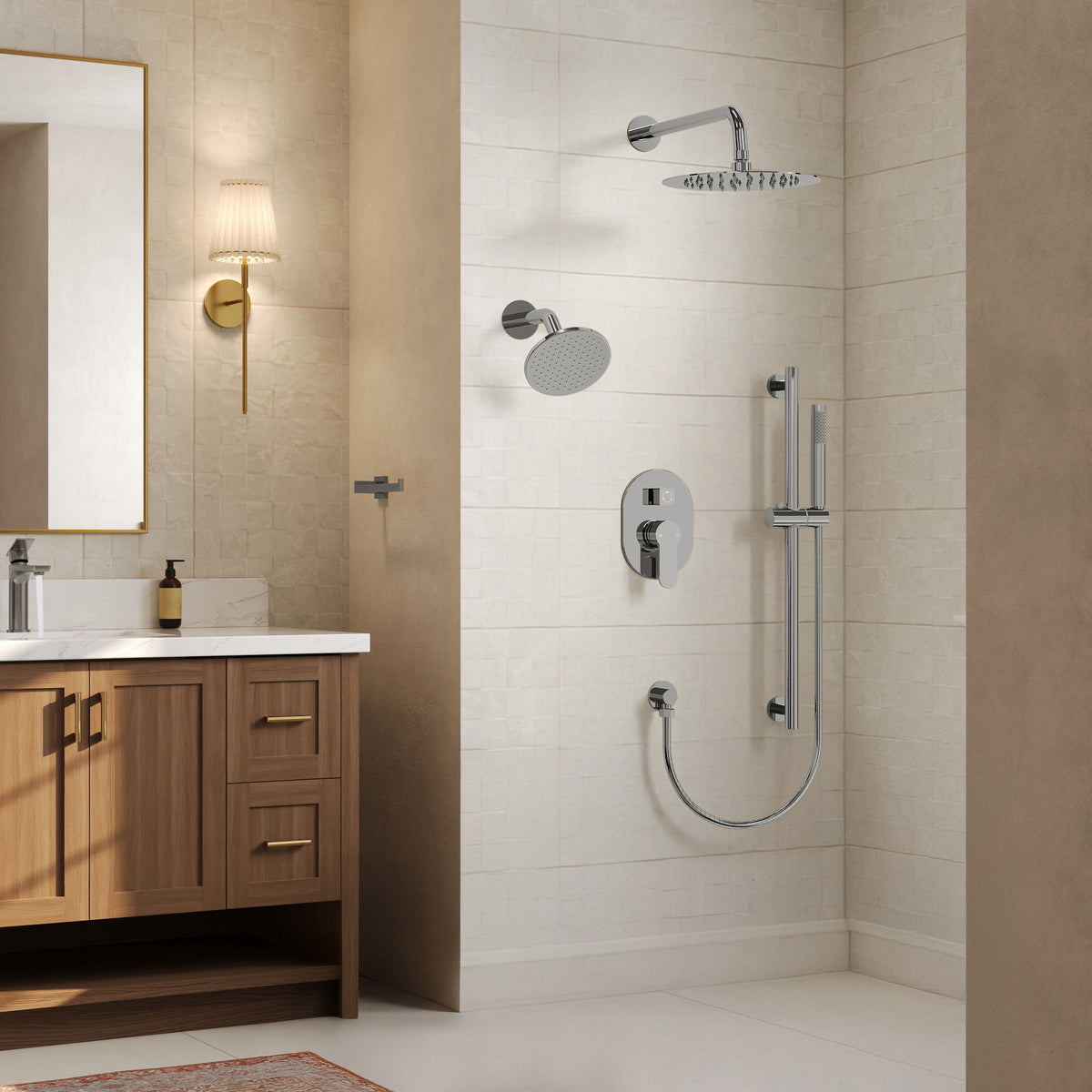 Round Wall-Mounted Dual Shower System with Handheld Spray