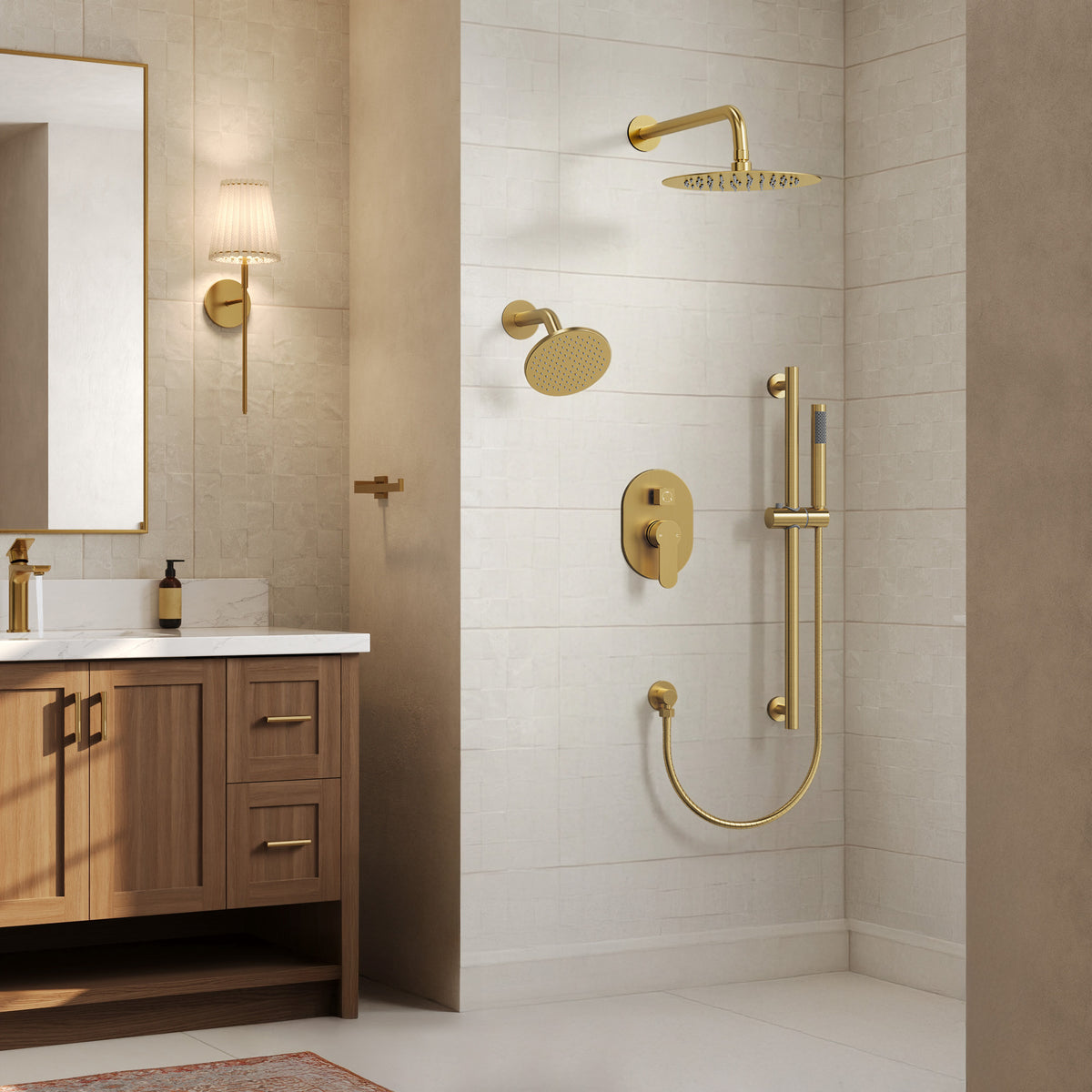Round Wall-Mounted Dual Shower System with Handheld Spray