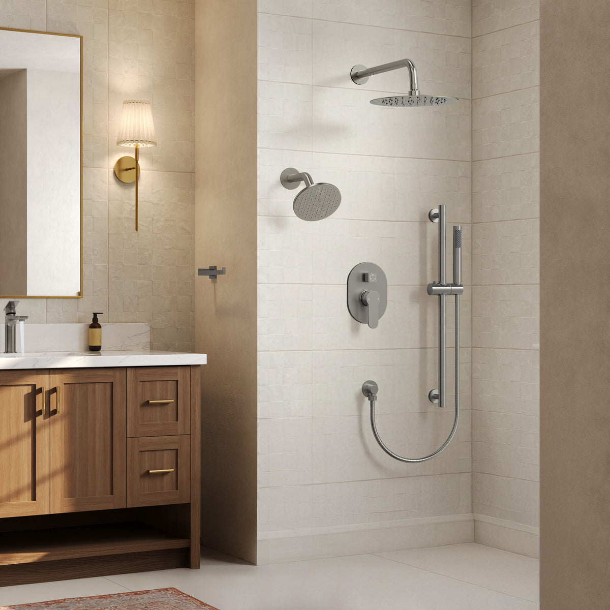 Round Wall-Mounted Dual Shower System with Handheld Spray