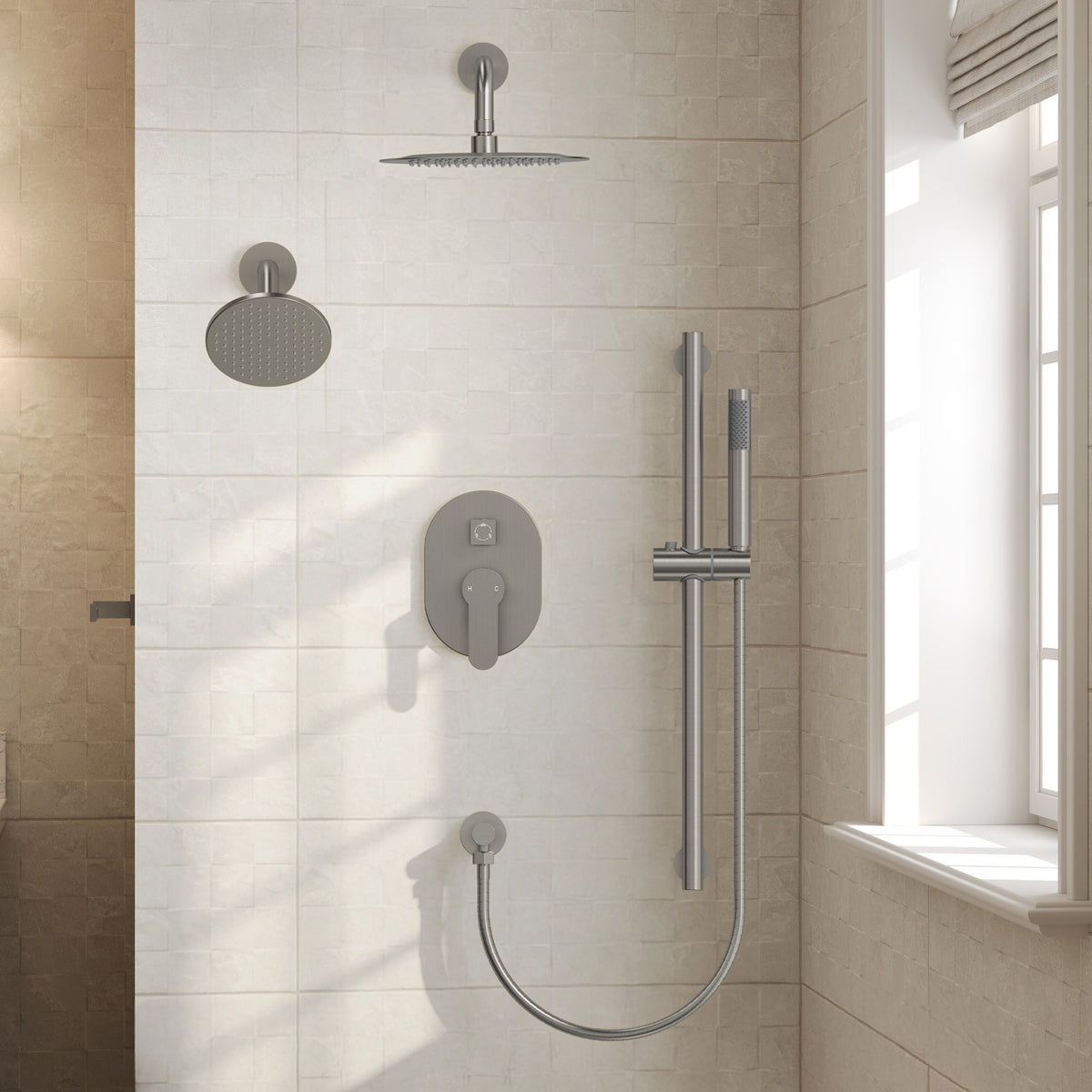 Round Wall-Mounted Dual Shower System with Handheld Spray