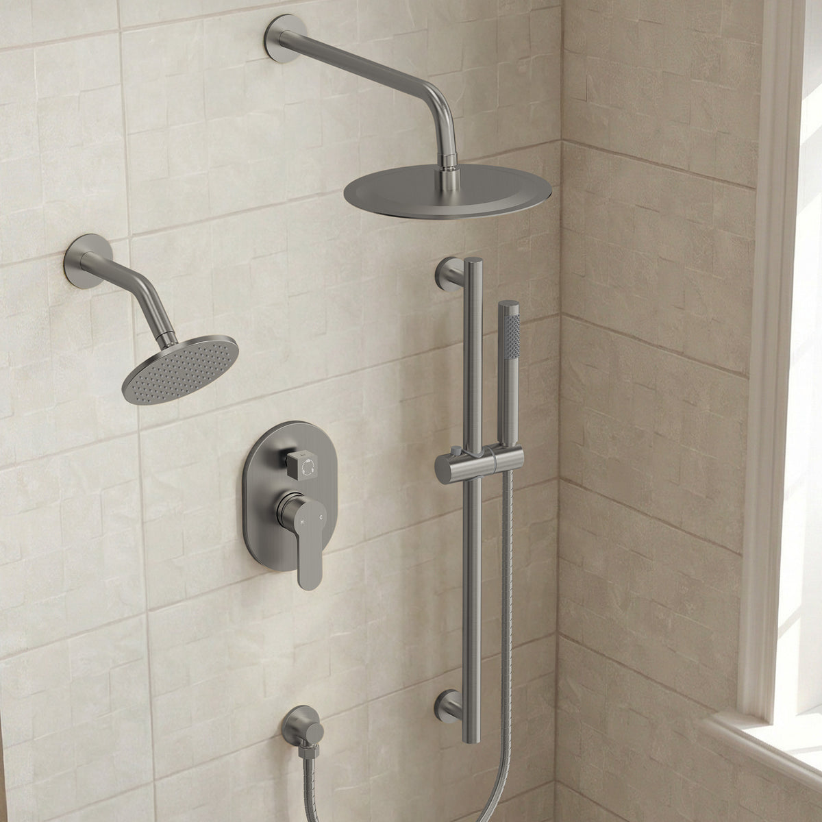 Round Wall-Mounted Dual Shower System with Handheld Spray