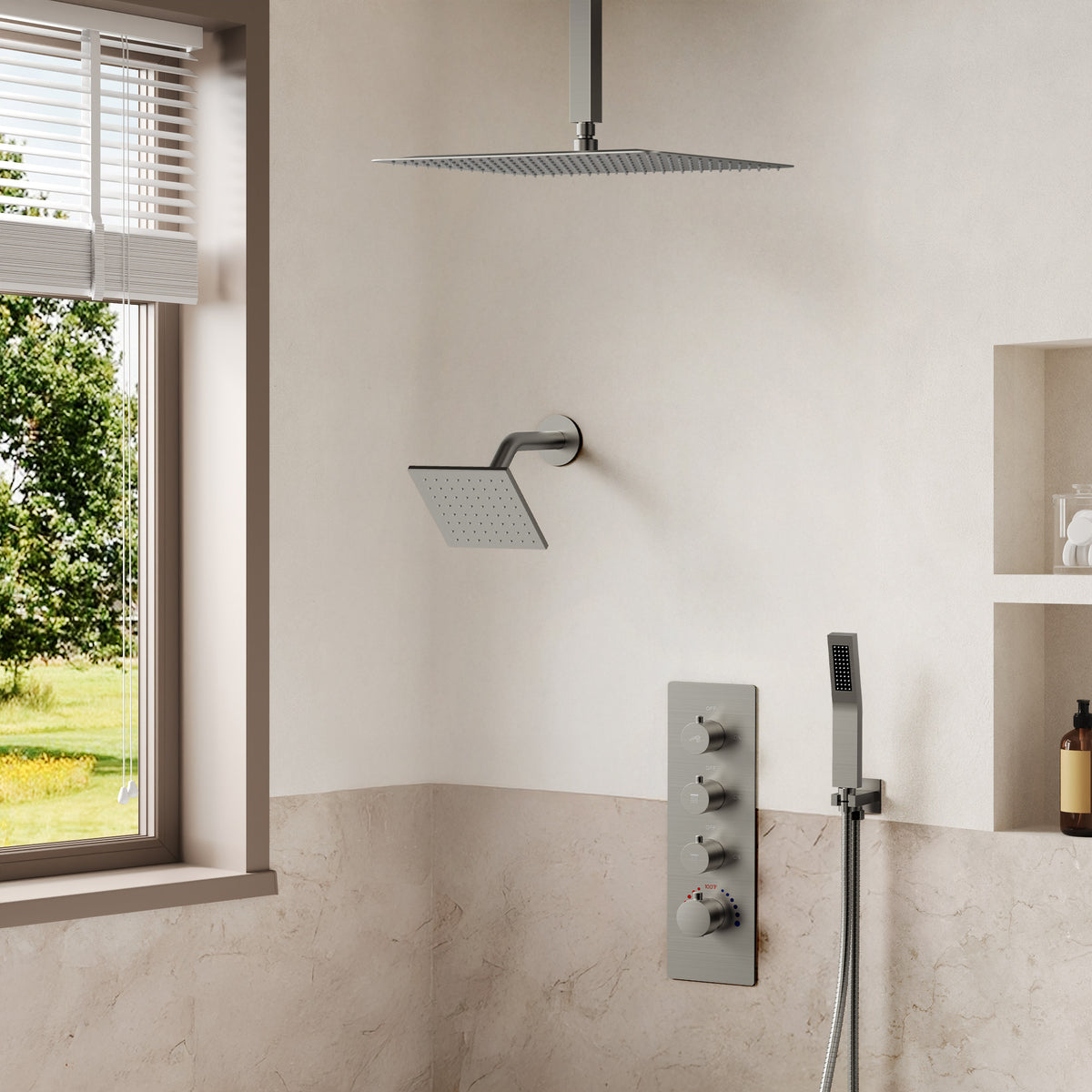 16-Inch Ceiling-Mounted Dual-Head Shower System with Handheld Sprayer