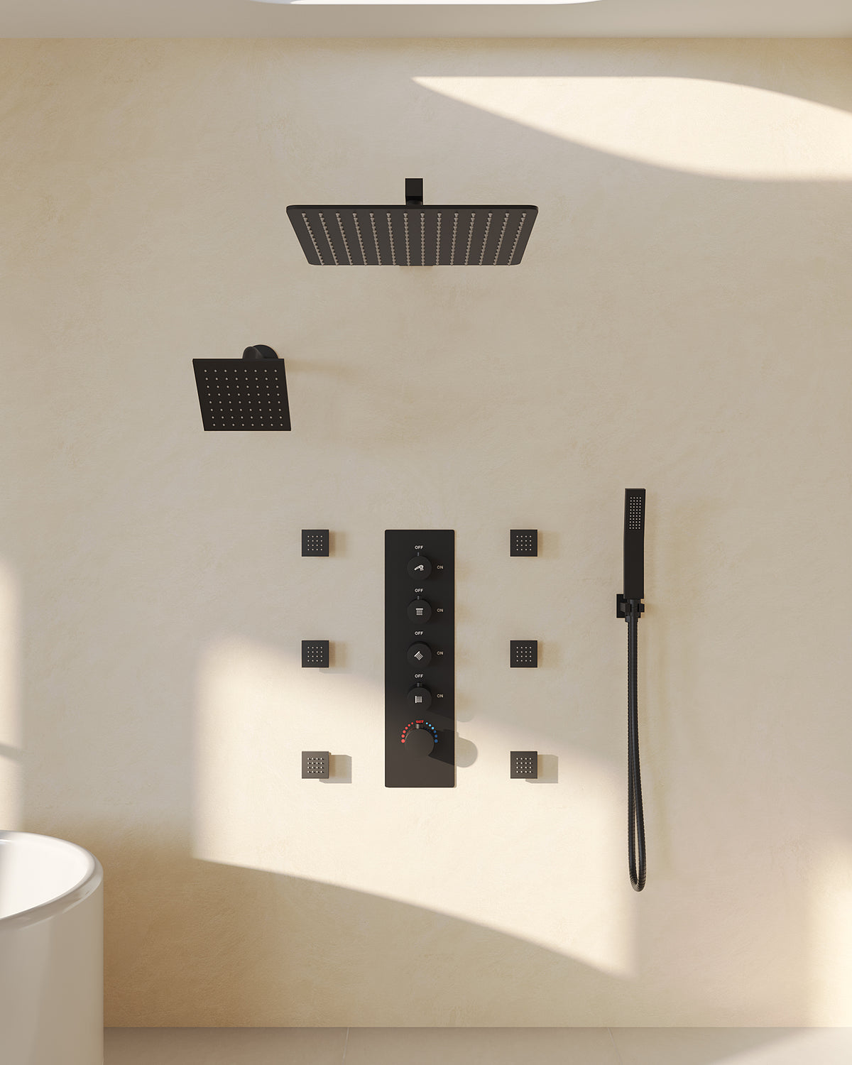 Wall-Mounted Rainfall Shower System with Body Jets and Handheld Spray