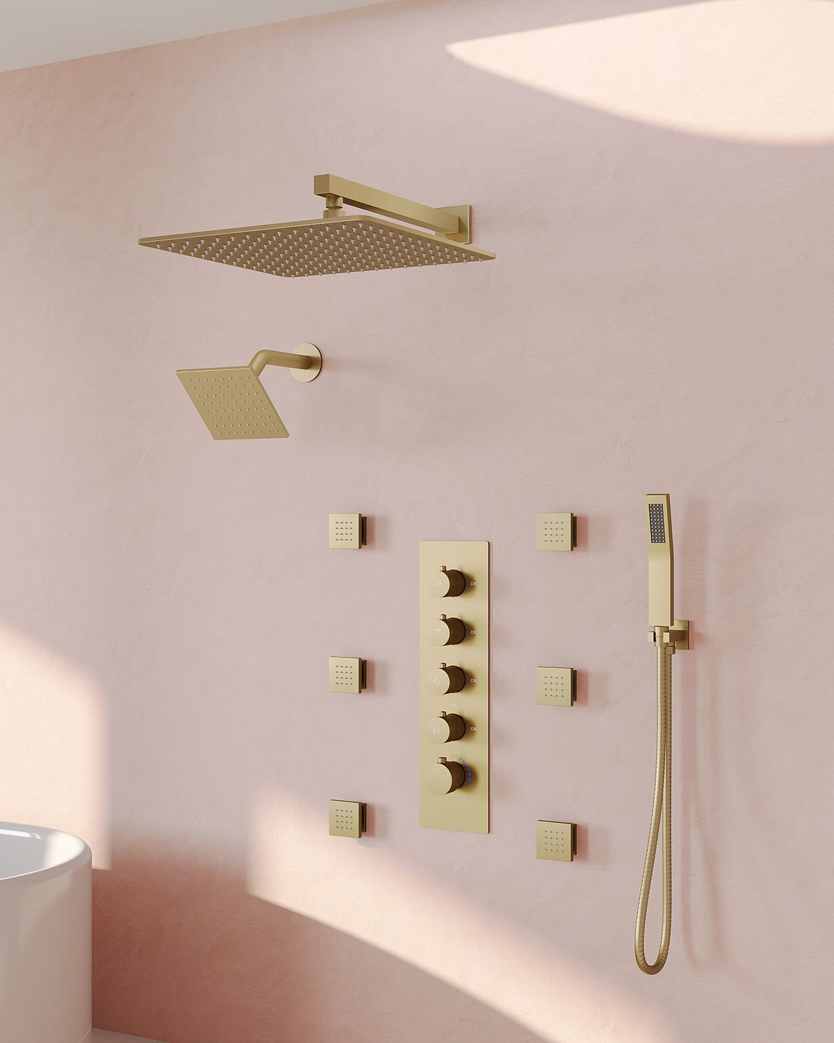 Wall-Mounted Rainfall Shower System with Body Jets and Handheld Spray