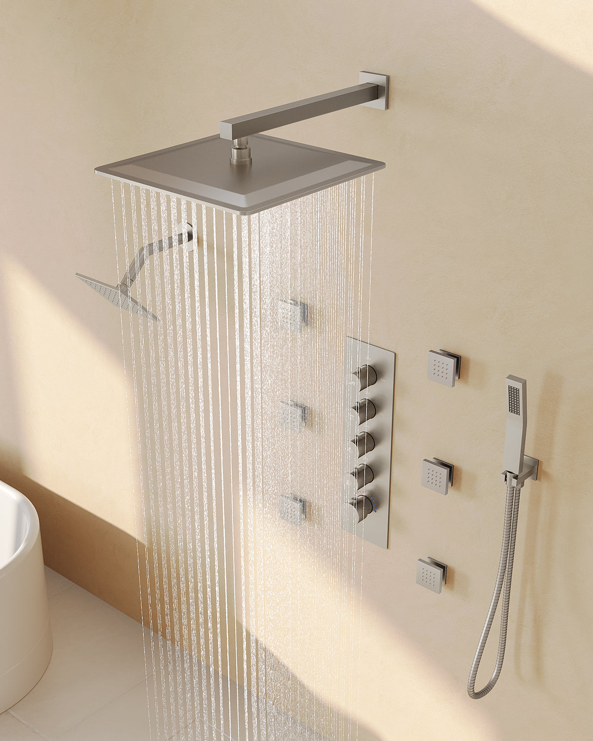 Wall-Mounted Rainfall Shower System with Body Jets and Handheld Spray