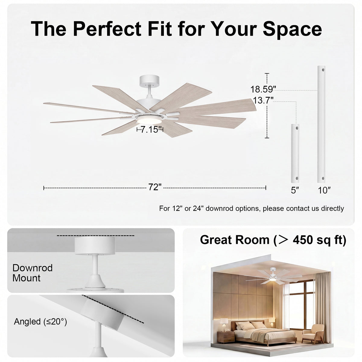 72-Inch Downrod Mount 8-Blade Ceiling Fan with Light and Remote Control