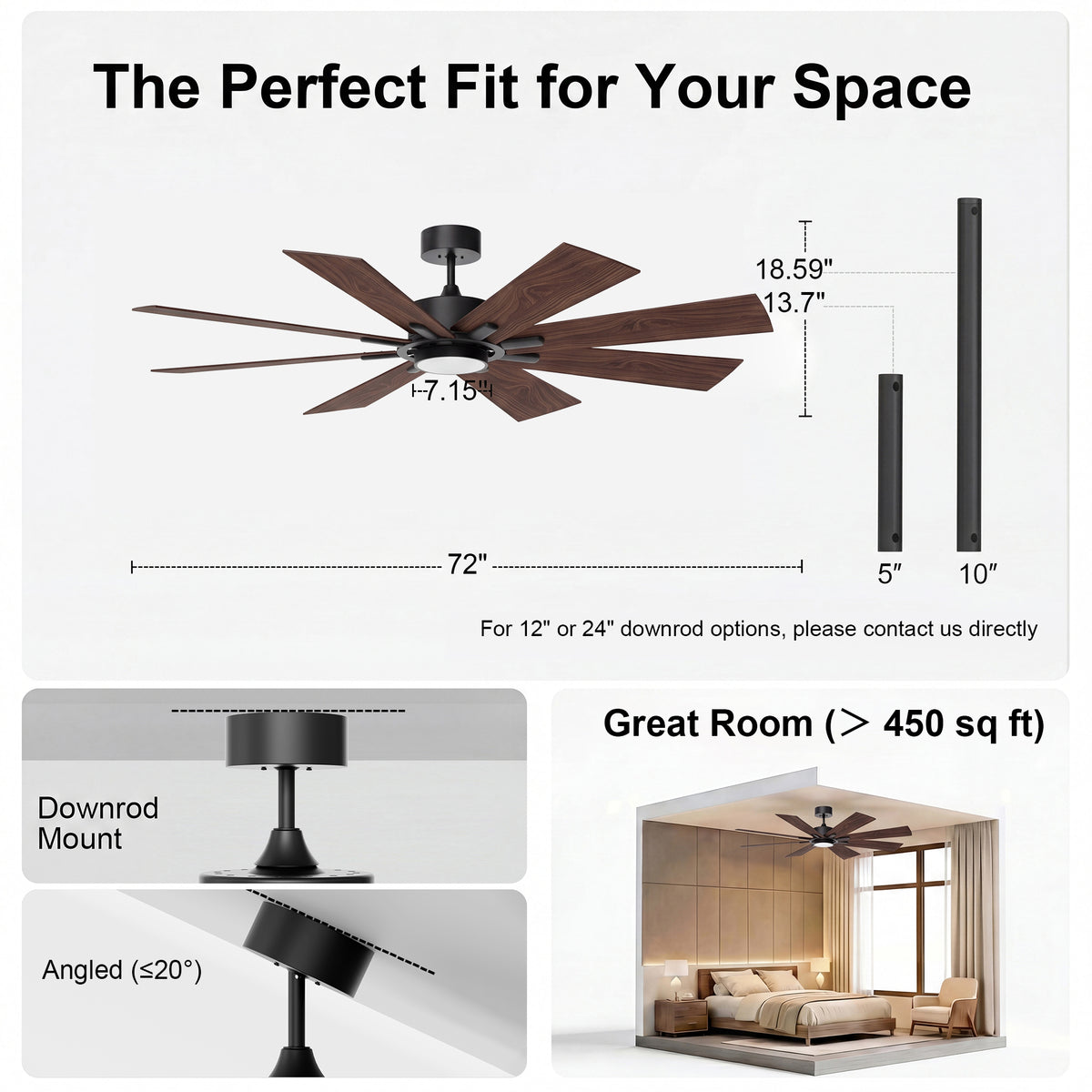 72-Inch Downrod Mount 8-Blade Ceiling Fan with Light and Remote Control