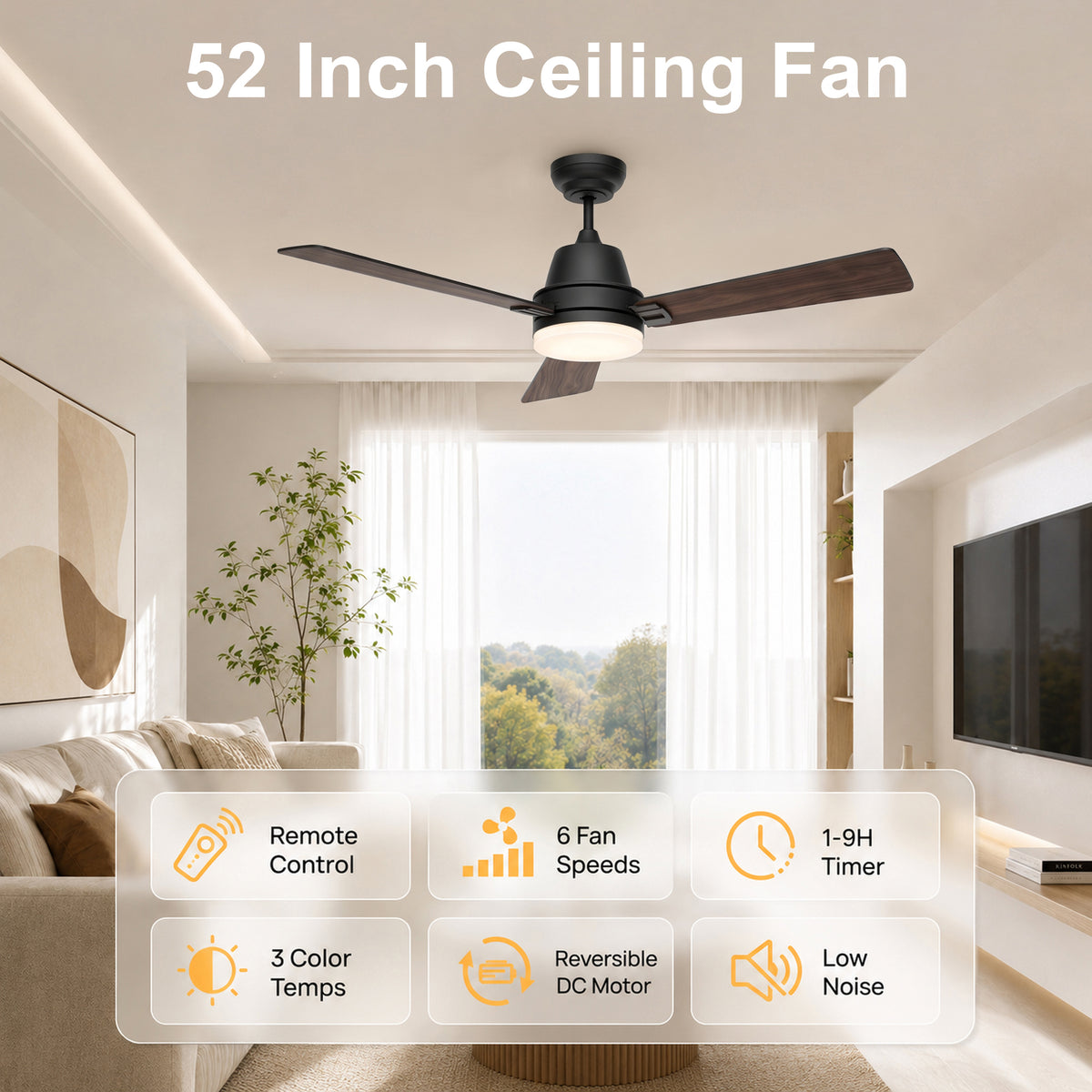 52-Inch Downrod Mount 3-Blade Ceiling Fan with Light and Remote Control
