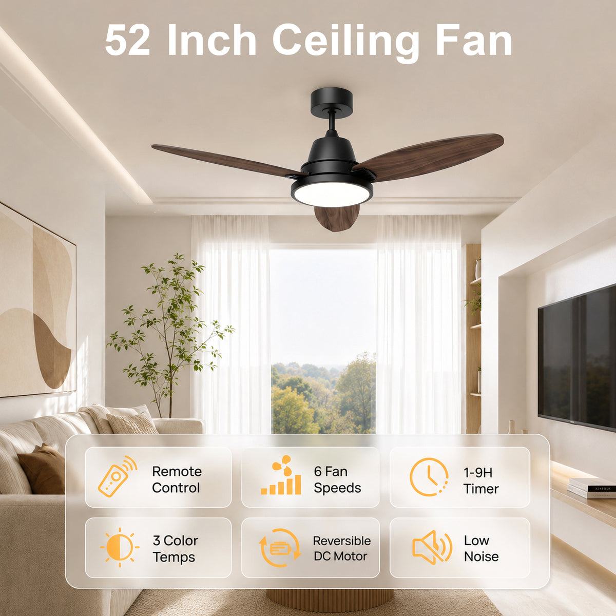 52-Inch Downrod Mount 3-Blade Ceiling Fan with Light and Remote Control