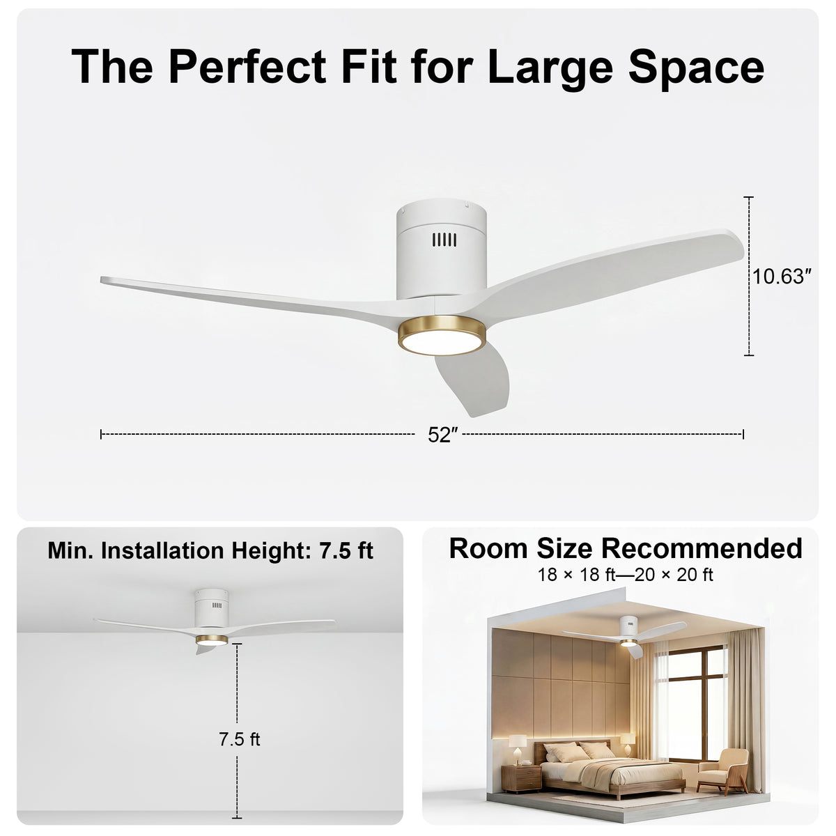 52-Inch Flush-Mount 3-Blade Ceiling Fan with Light, Wall Control and Remote