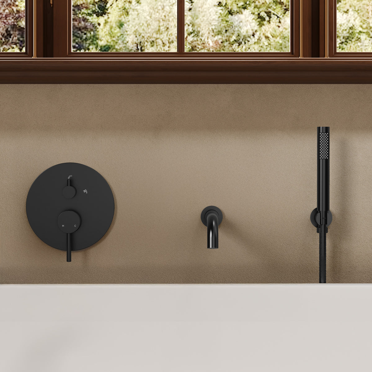 Wall-Mounted Bathtub Faucet with Hand Shower and Pressure-Balanced Valve