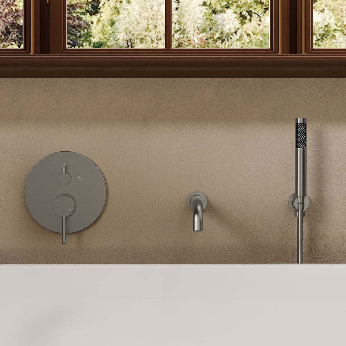 Wall-Mounted Bathtub Faucet with Hand Shower and Pressure-Balanced Valve