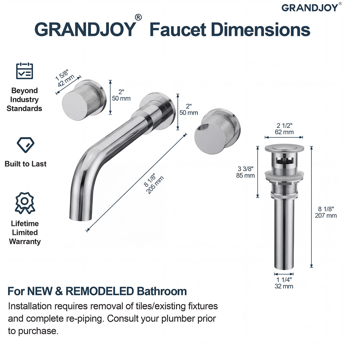 Two-Handle Wall-Mount Bathroom Sink Faucet With Pop-Up Drain