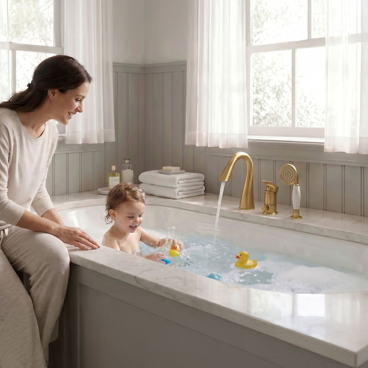 Single-Handle Deck-Mount Tub Faucet with Handheld Shower and Curved Spout