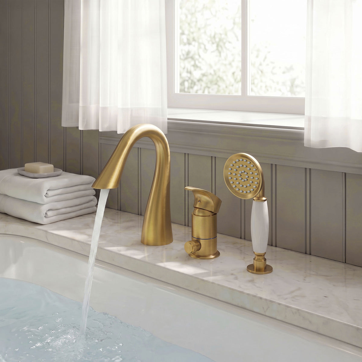 Single-Handle Deck-Mount Tub Faucet with Handheld Shower and Curved Spout