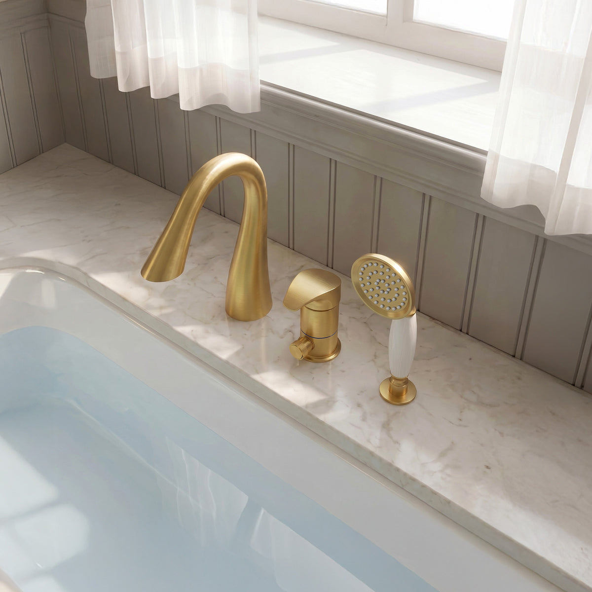 Single-Handle Deck-Mount Tub Faucet with Handheld Shower and Curved Spout
