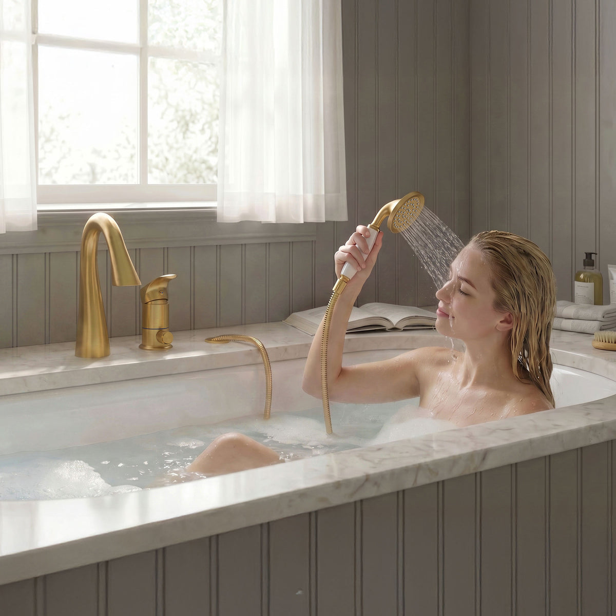 Single-Handle Deck-Mount Tub Faucet with Handheld Shower and Curved Spout