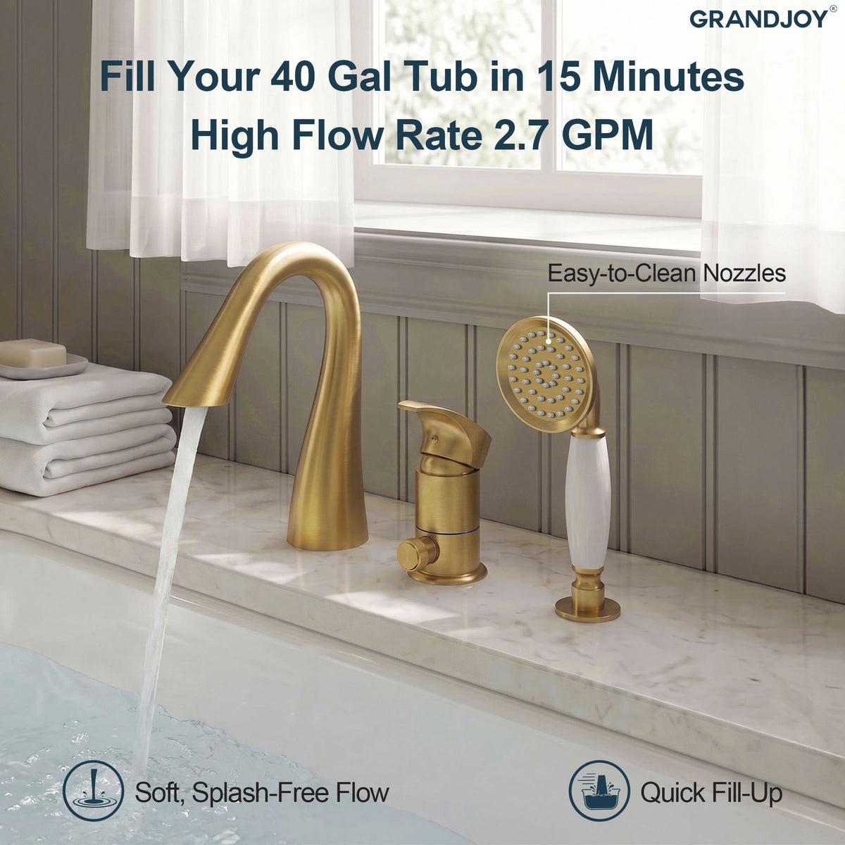 Single-Handle Deck-Mount Tub Faucet with Handheld Shower and Curved Spout