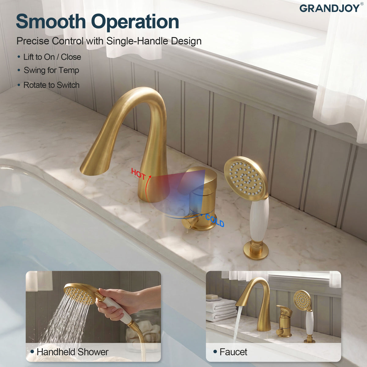 Single-Handle Deck-Mount Tub Faucet with Handheld Shower and Curved Spout