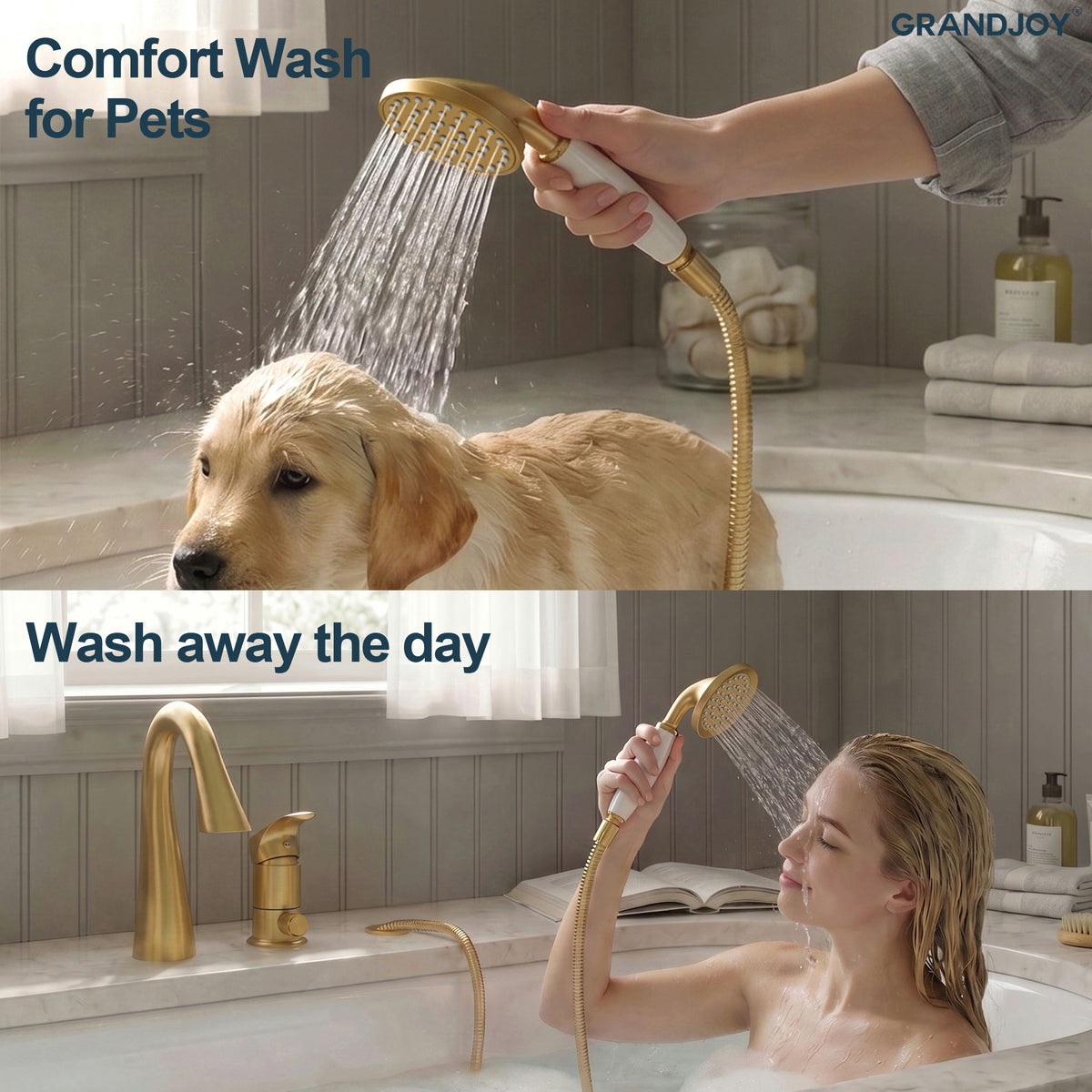 Single-Handle Deck-Mount Tub Faucet with Handheld Shower and Curved Spout