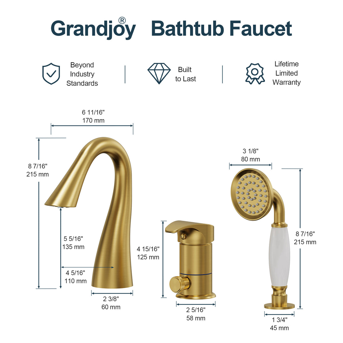 Single-Handle Deck-Mount Tub Faucet with Handheld Shower and Curved Spout