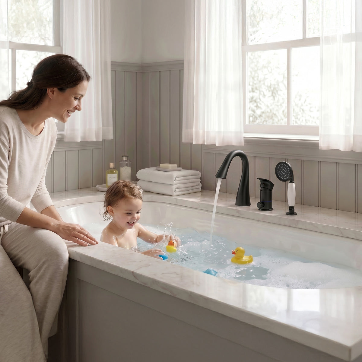 Single-Handle Deck-Mount Tub Faucet with Handheld Shower and Curved Spout