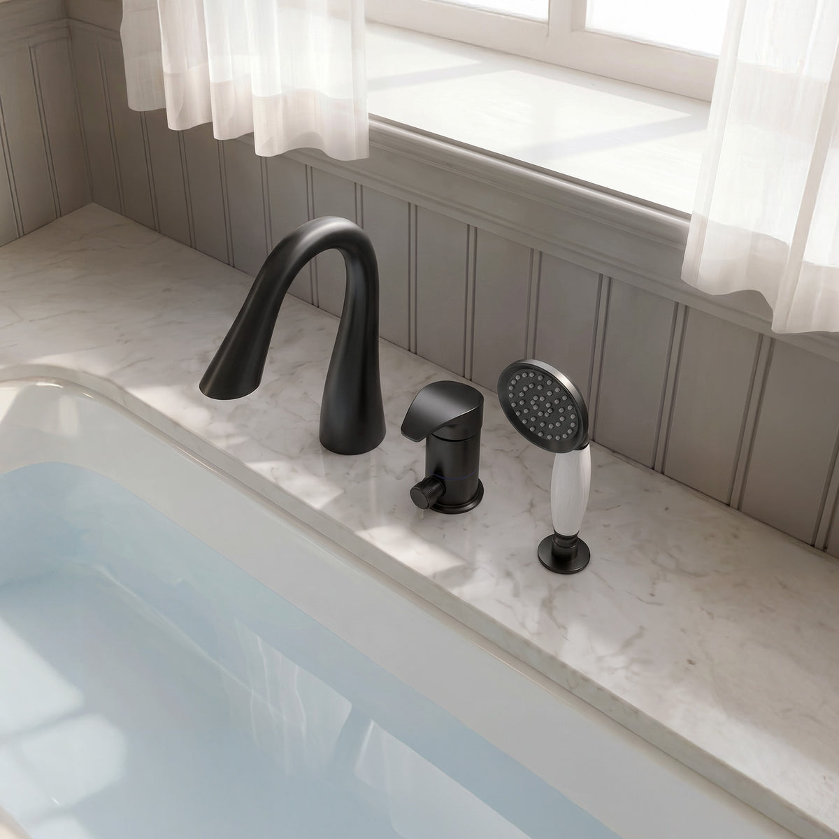 Single-Handle Deck-Mount Tub Faucet with Handheld Shower and Curved Spout