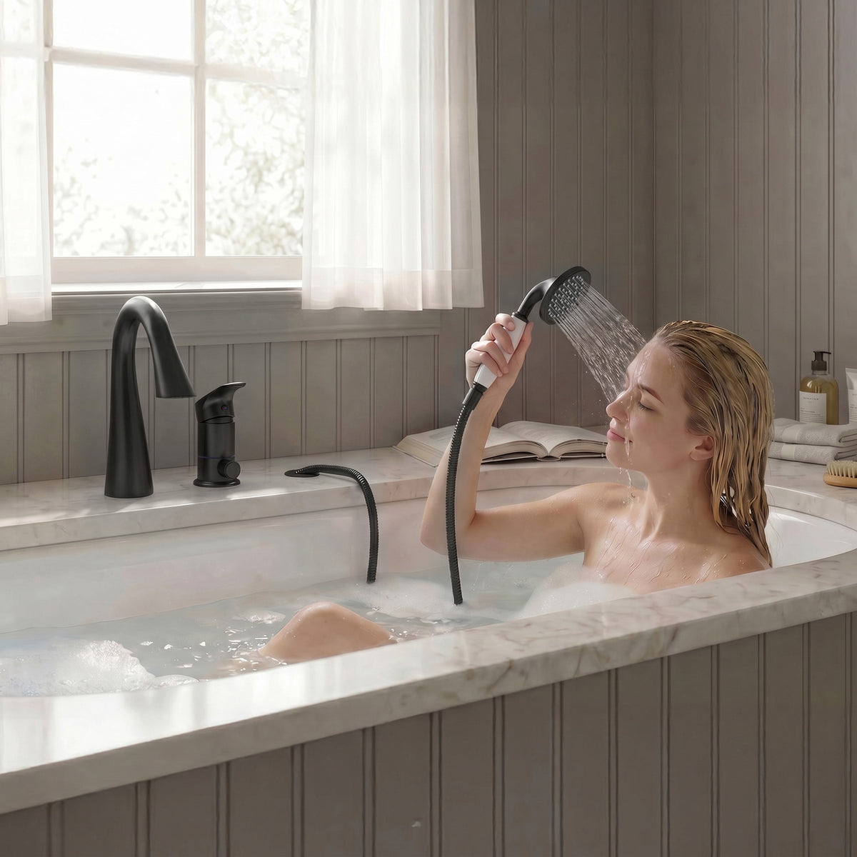 Single-Handle Deck-Mount Tub Faucet with Handheld Shower and Curved Spout