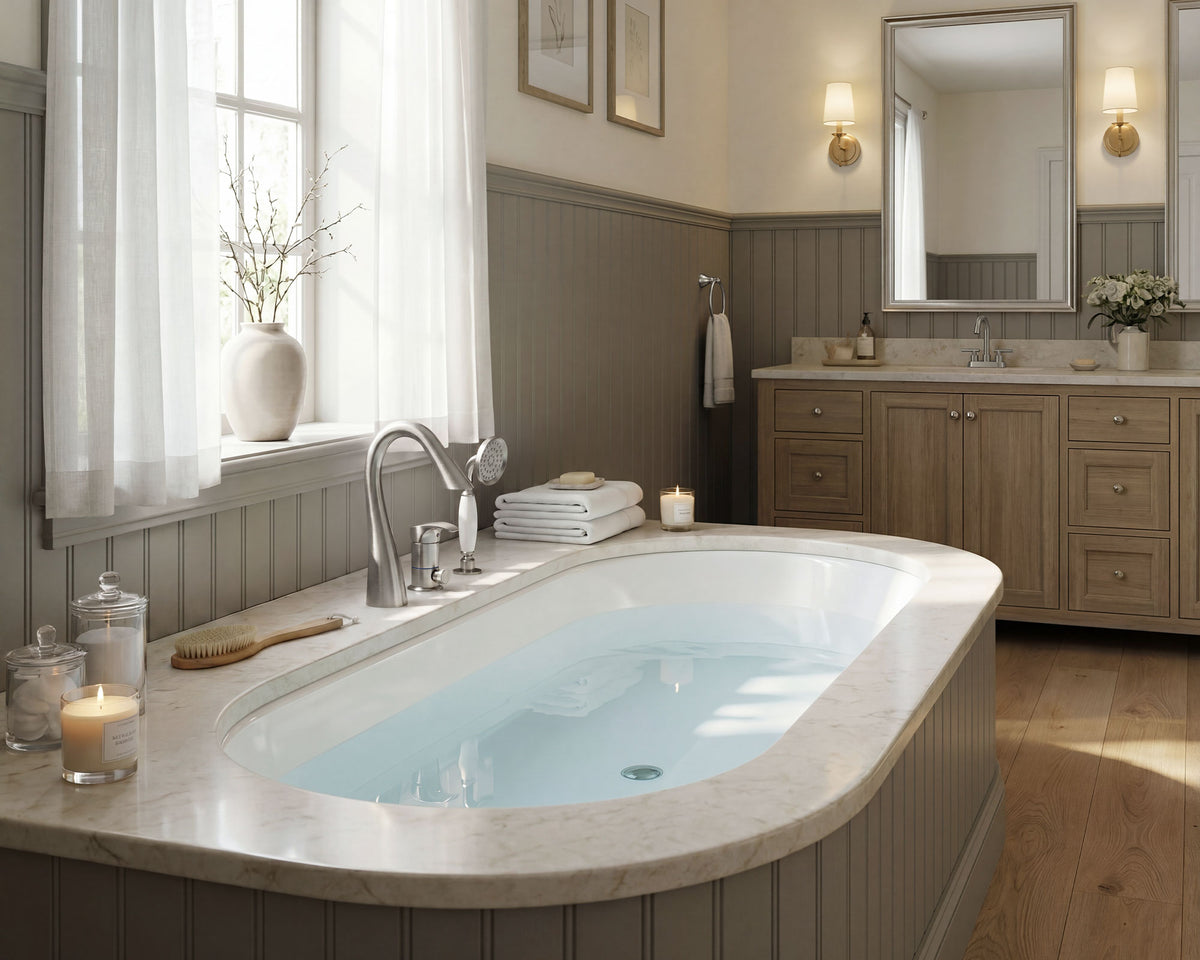 Single-Handle Deck-Mount Tub Faucet with Handheld Shower and Curved Spout