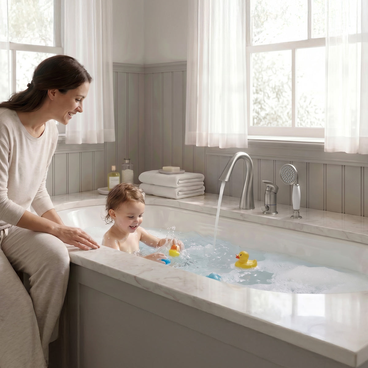 Single-Handle Deck-Mount Tub Faucet with Handheld Shower and Curved Spout