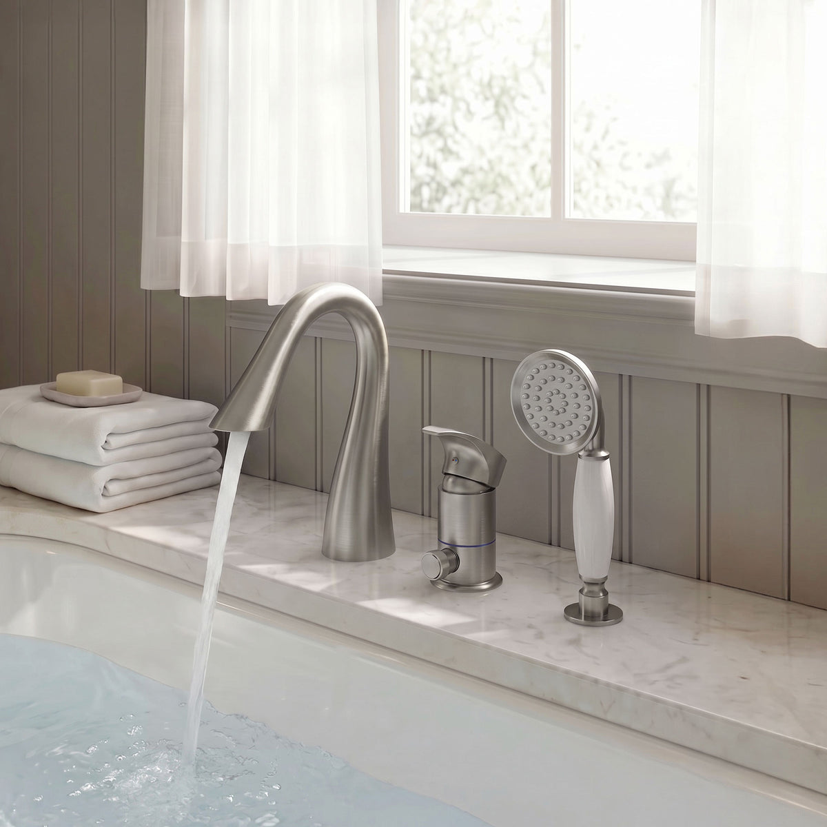 Single-Handle Deck-Mount Tub Faucet with Handheld Shower and Curved Spout