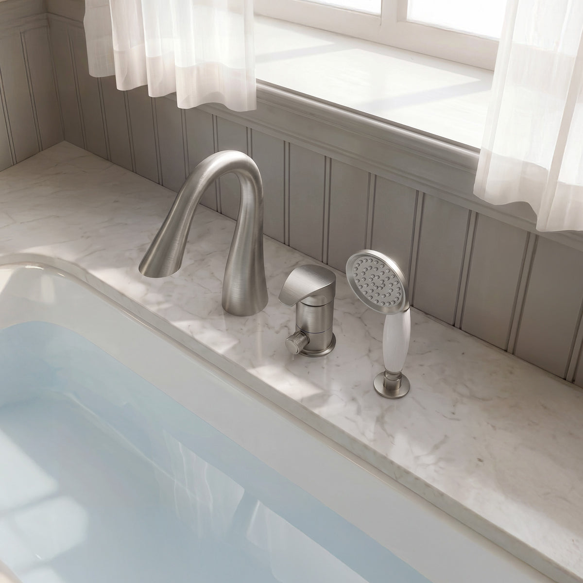 Single-Handle Deck-Mount Tub Faucet with Handheld Shower and Curved Spout