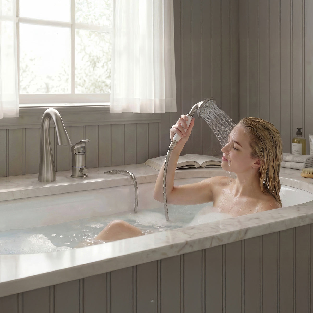 Single-Handle Deck-Mount Tub Faucet with Handheld Shower and Curved Spout