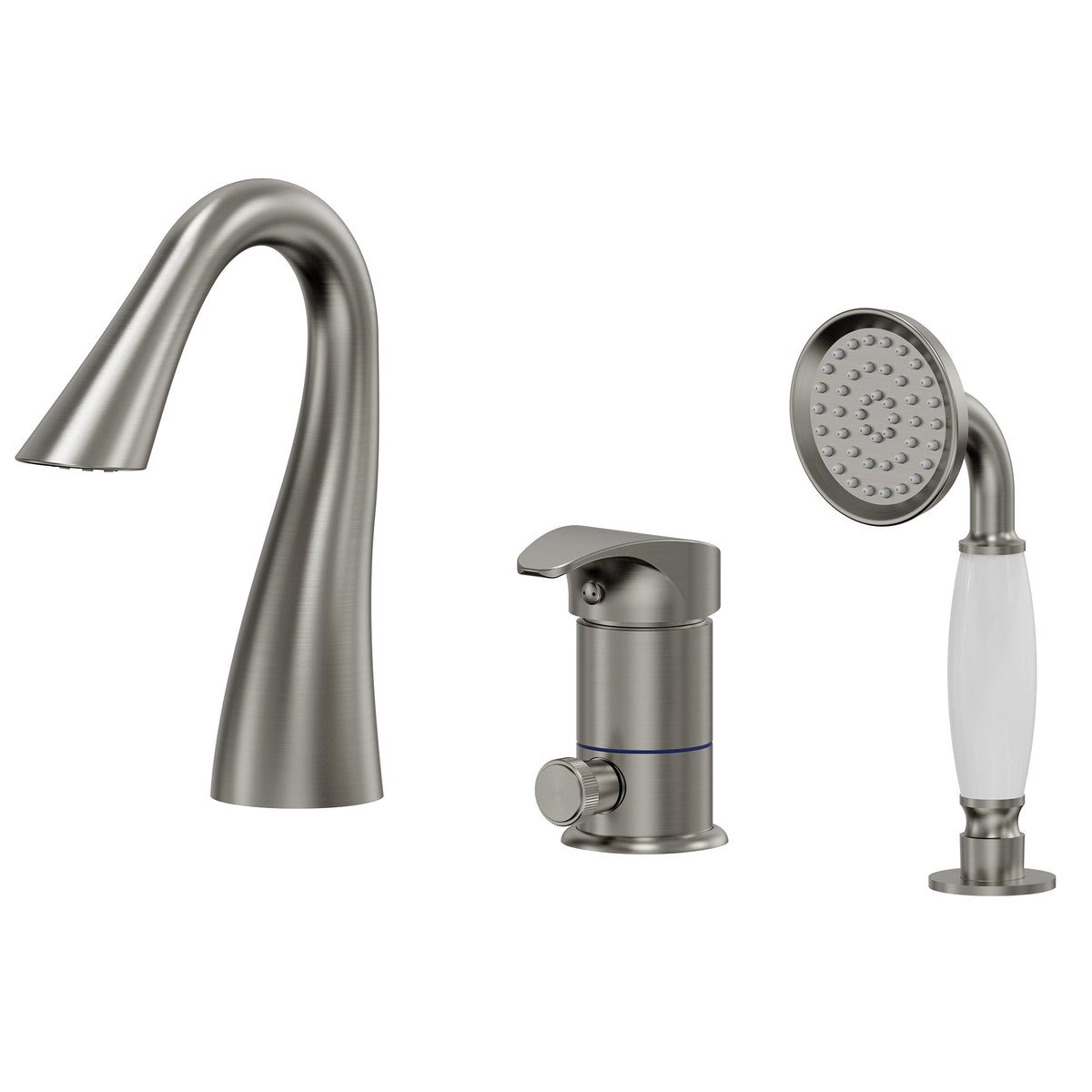 Single-Handle Deck-Mount Tub Faucet with Handheld Shower and Curved Spout