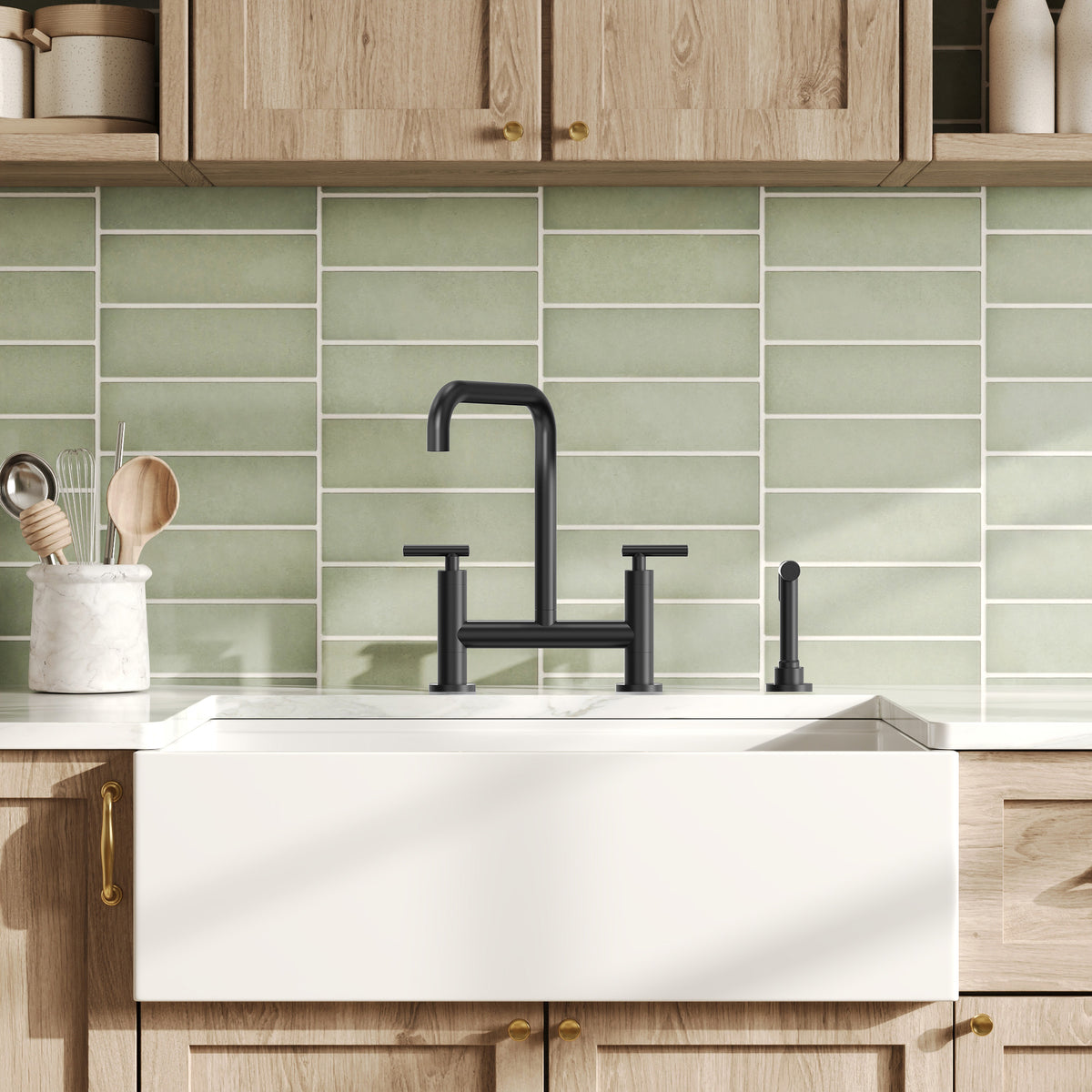 Two-Hole Deck-Mount Bridge Kitchen Faucet With Side Sprayer