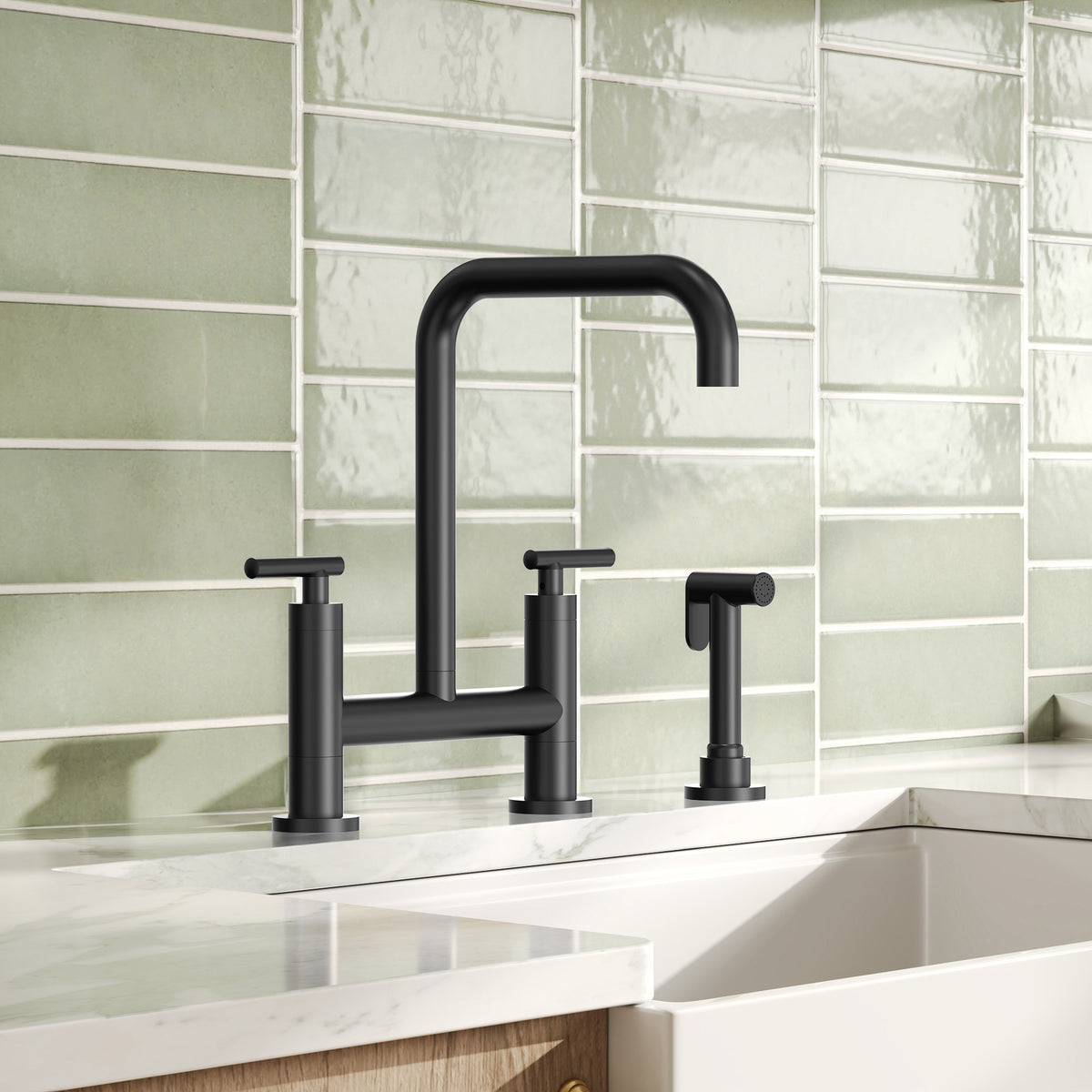 Two-Hole Deck-Mount Bridge Kitchen Faucet With Side Sprayer
