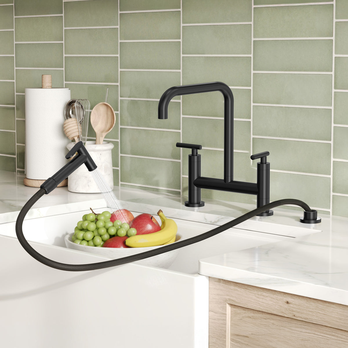 Two-Hole Deck-Mount Bridge Kitchen Faucet With Side Sprayer