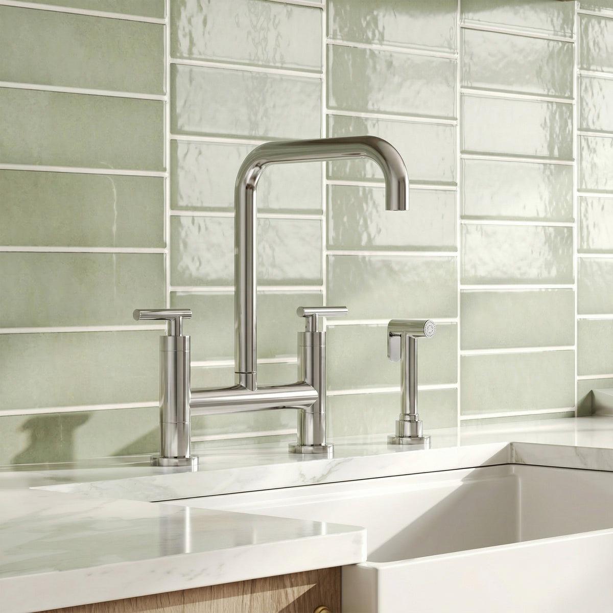 Two-Hole Deck-Mount Bridge Kitchen Faucet With Side Sprayer