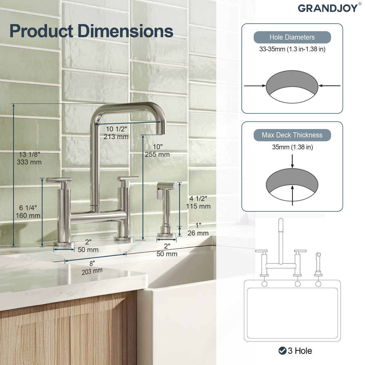 Two-Hole Deck-Mount Bridge Kitchen Faucet With Side Sprayer