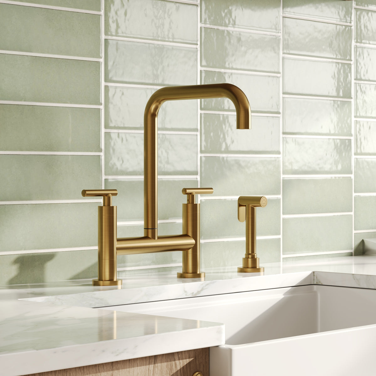 Two-Hole Deck-Mount Bridge Kitchen Faucet With Side Sprayer