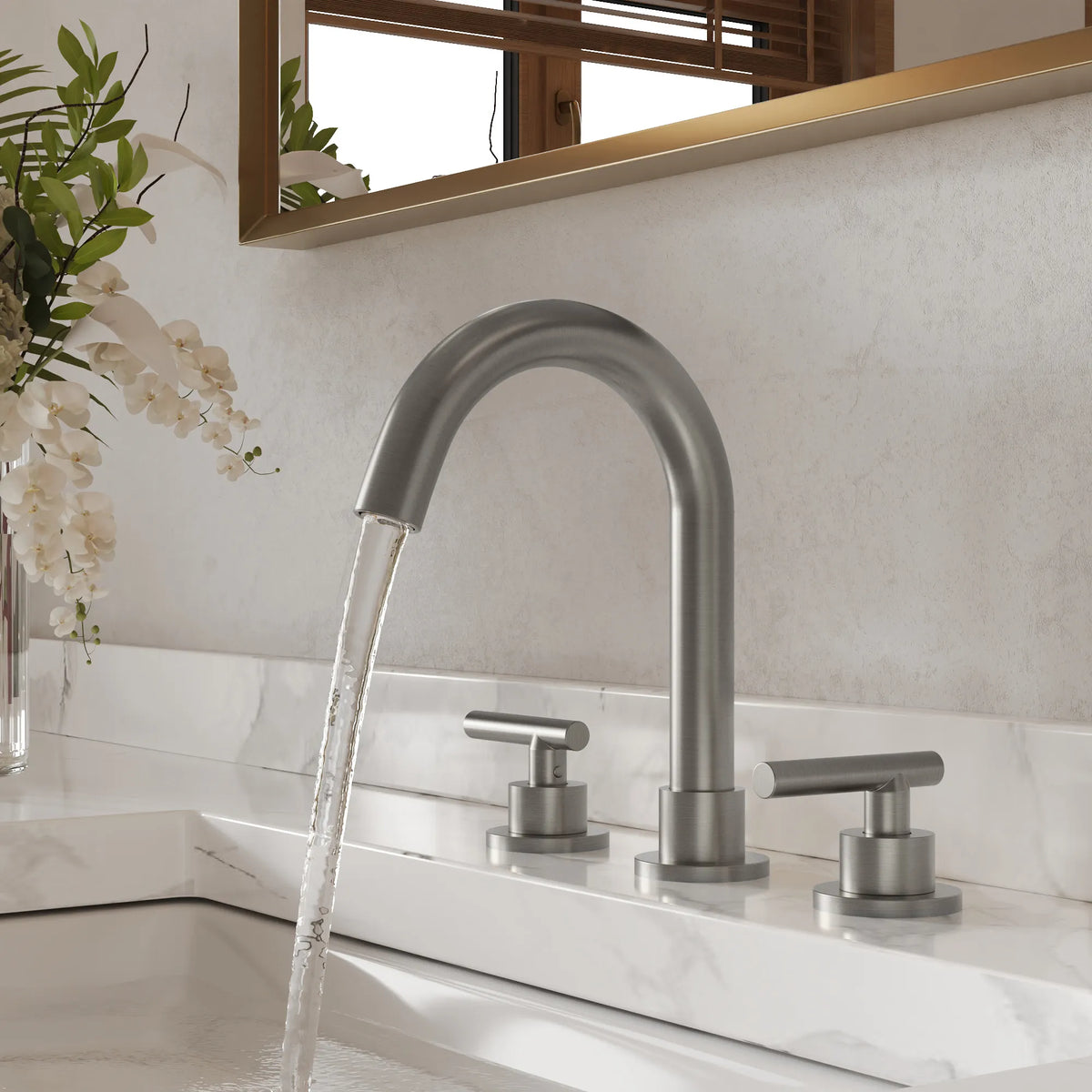 Two-Handle Mid Arc Widespread Bathroom Sink Faucet With Pop-Up Drain