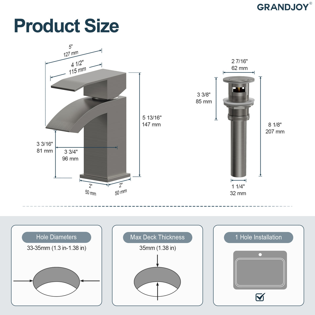 Single-Hole Waterfall Bathroom Sink Faucet with Pop-Up Drain