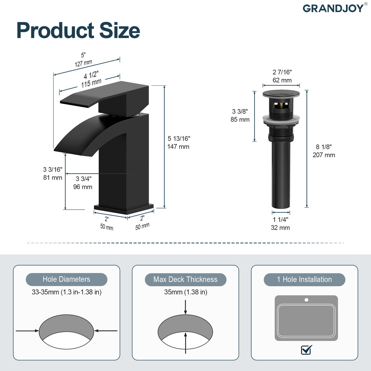 Single-Hole Waterfall Bathroom Sink Faucet with Pop-Up Drain
