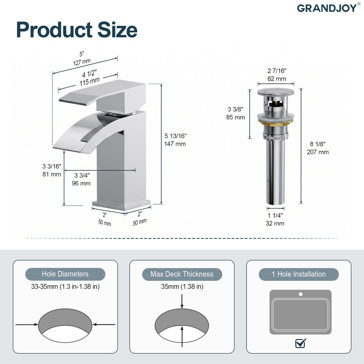 Single-Hole Waterfall Bathroom Sink Faucet with Pop-Up Drain