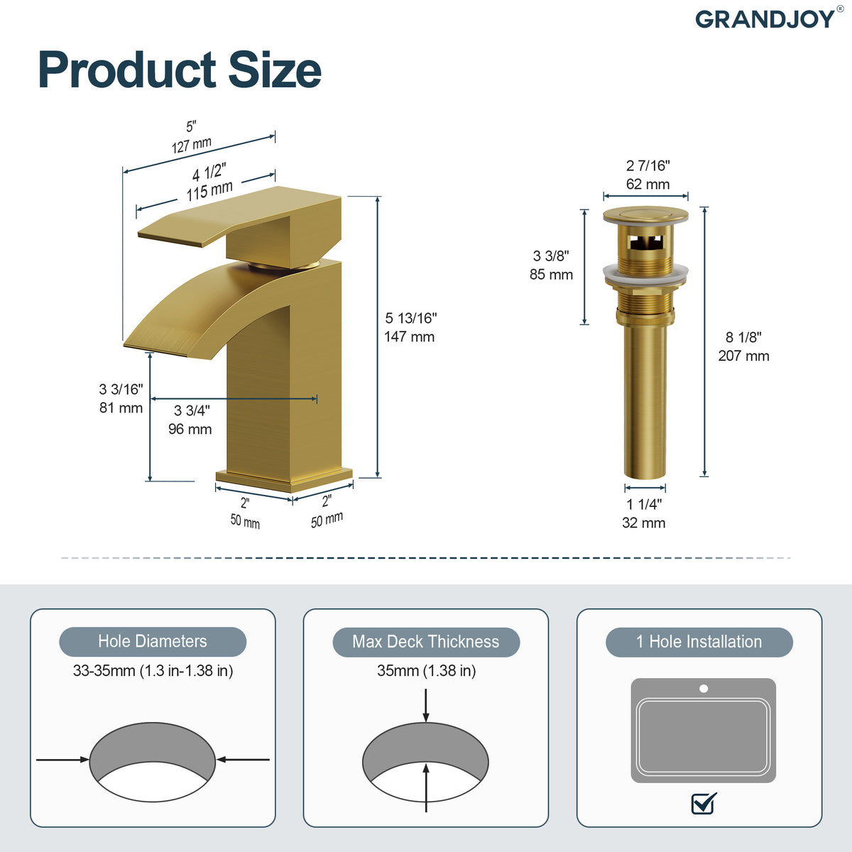 Single-Hole Waterfall Bathroom Sink Faucet with Pop-Up Drain