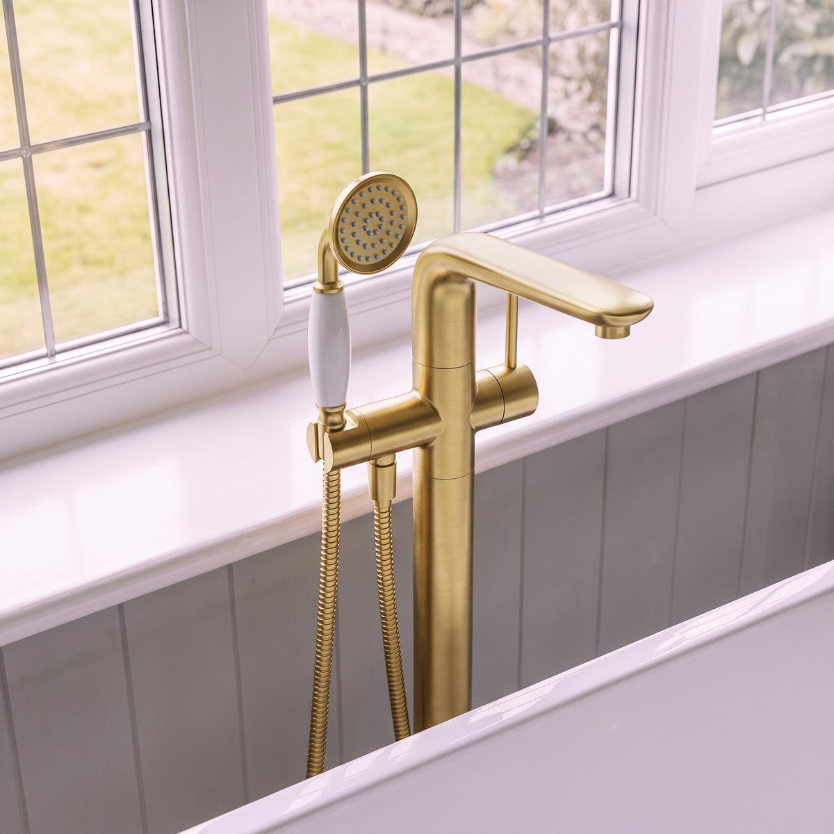 Floor-Mounted Bathtub Faucet with Hand Shower and Swivel Spout