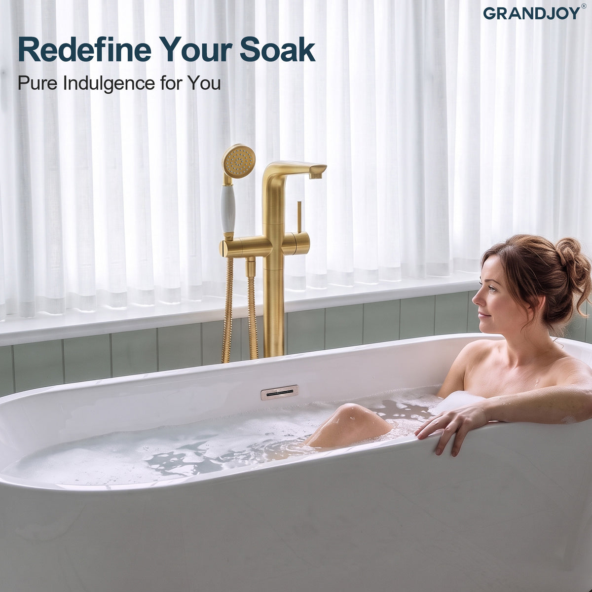 Floor-Mounted Bathtub Faucet with Hand Shower and Swivel Spout