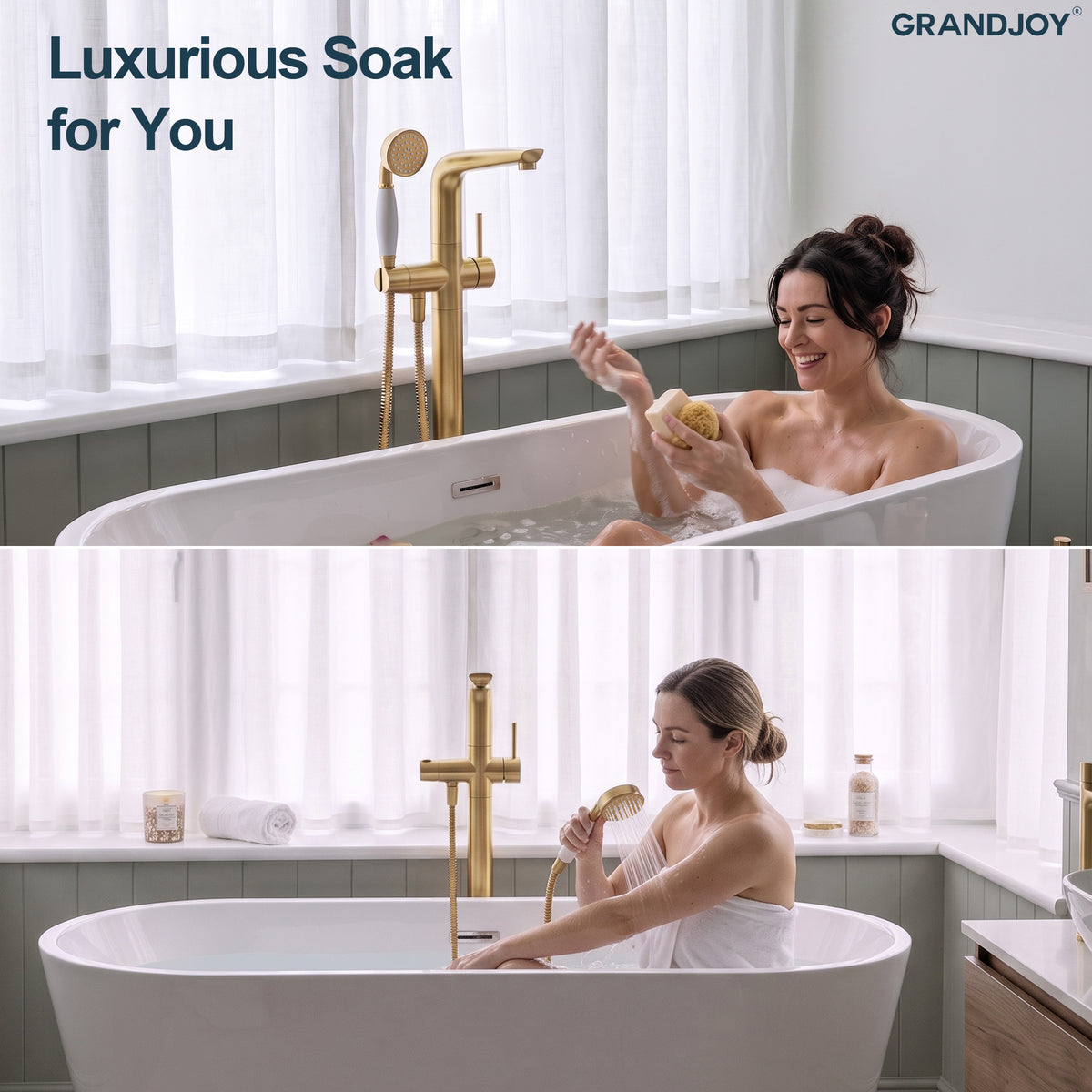 Floor-Mounted Bathtub Faucet with Hand Shower and Swivel Spout
