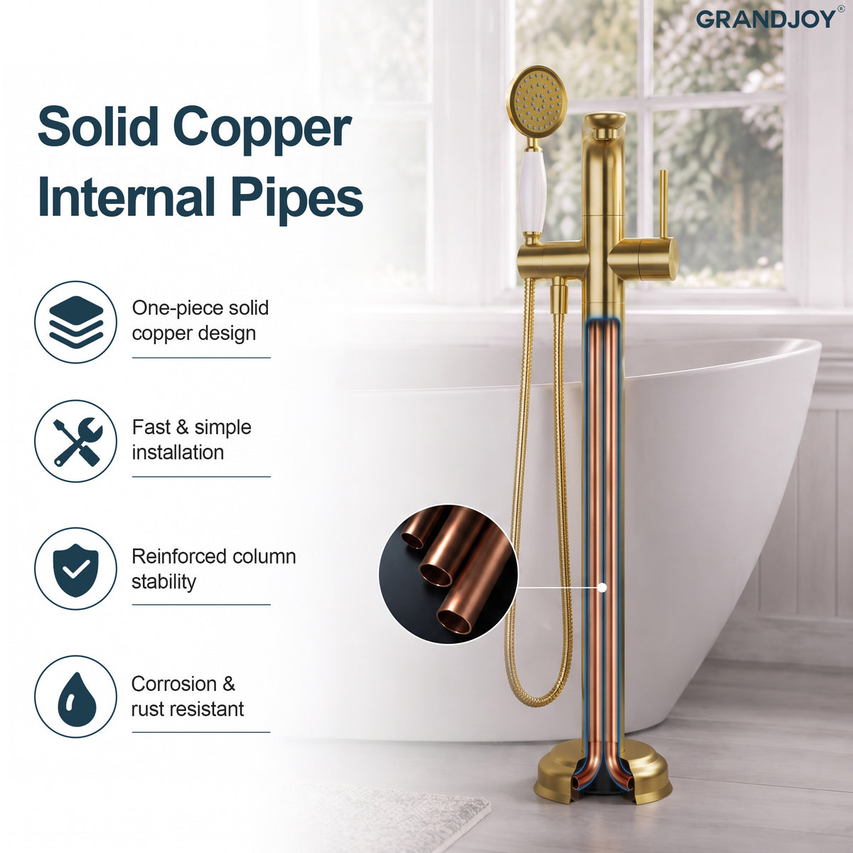 Floor-Mounted Bathtub Faucet with Hand Shower and Swivel Spout
