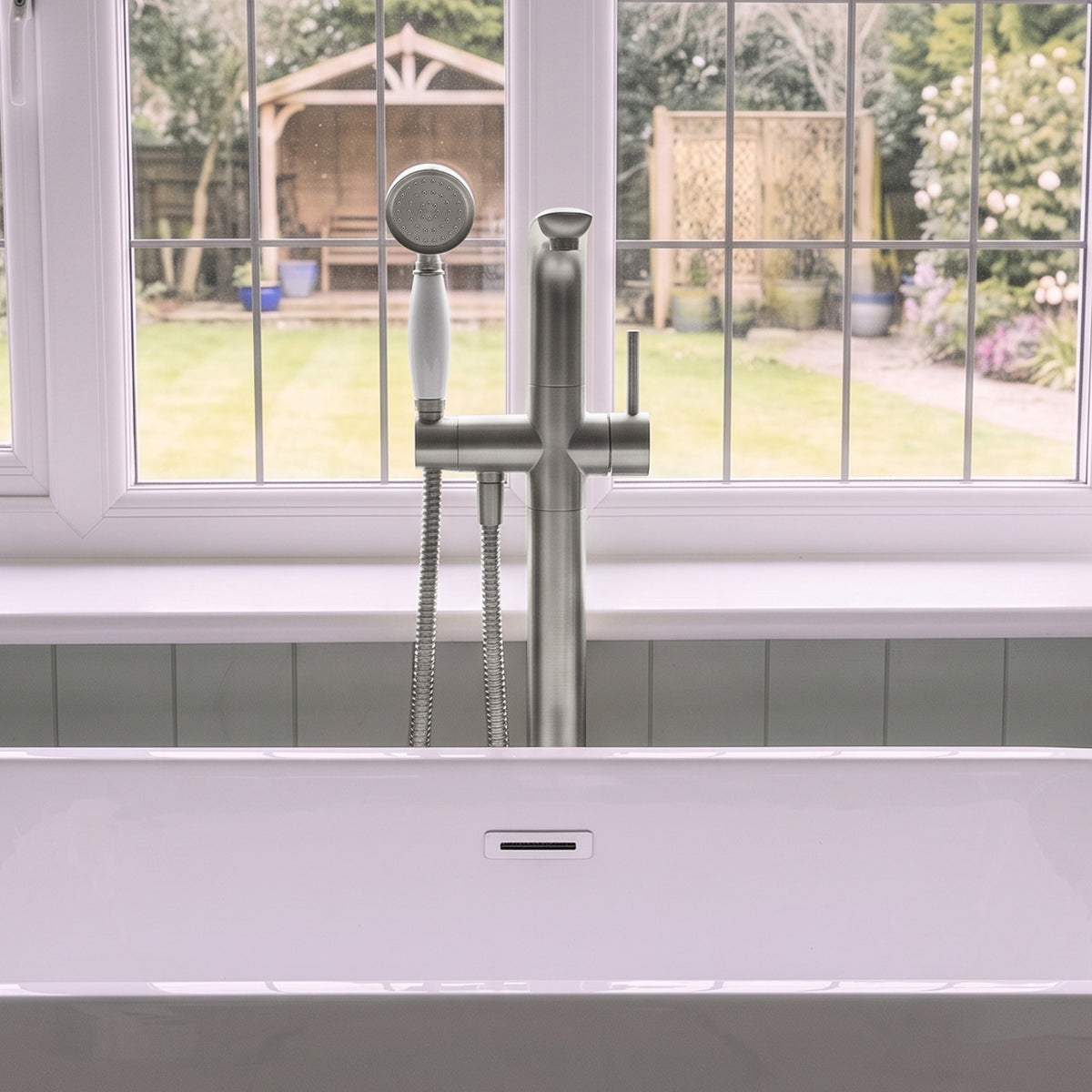Floor-Mounted Bathtub Faucet with Hand Shower and Swivel Spout